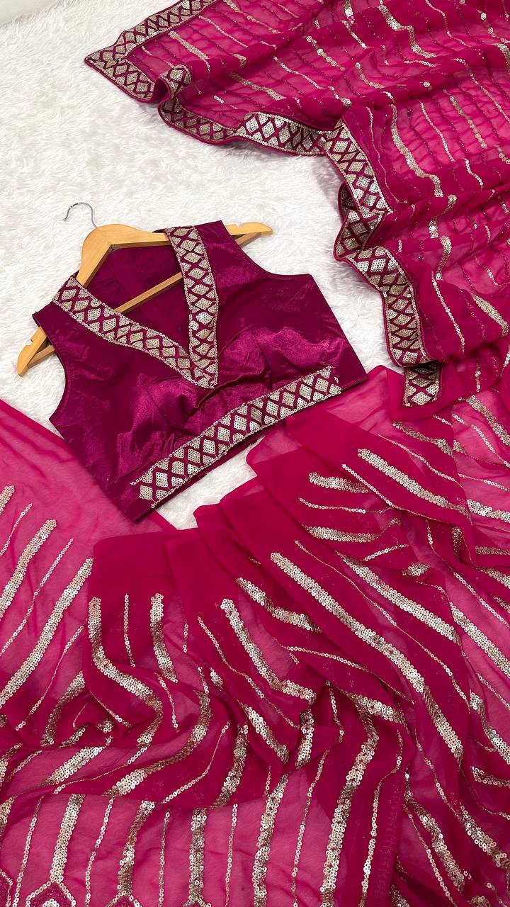 Awesome Pink Georgette Thread Work Saree