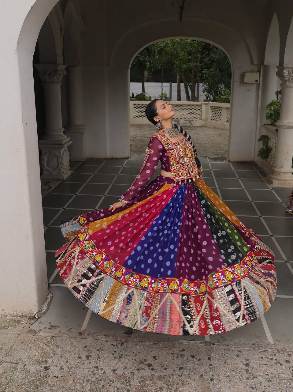 Pretty Multicolor Georgette Gamthi Work Lehenga Choli For Navratri Wear