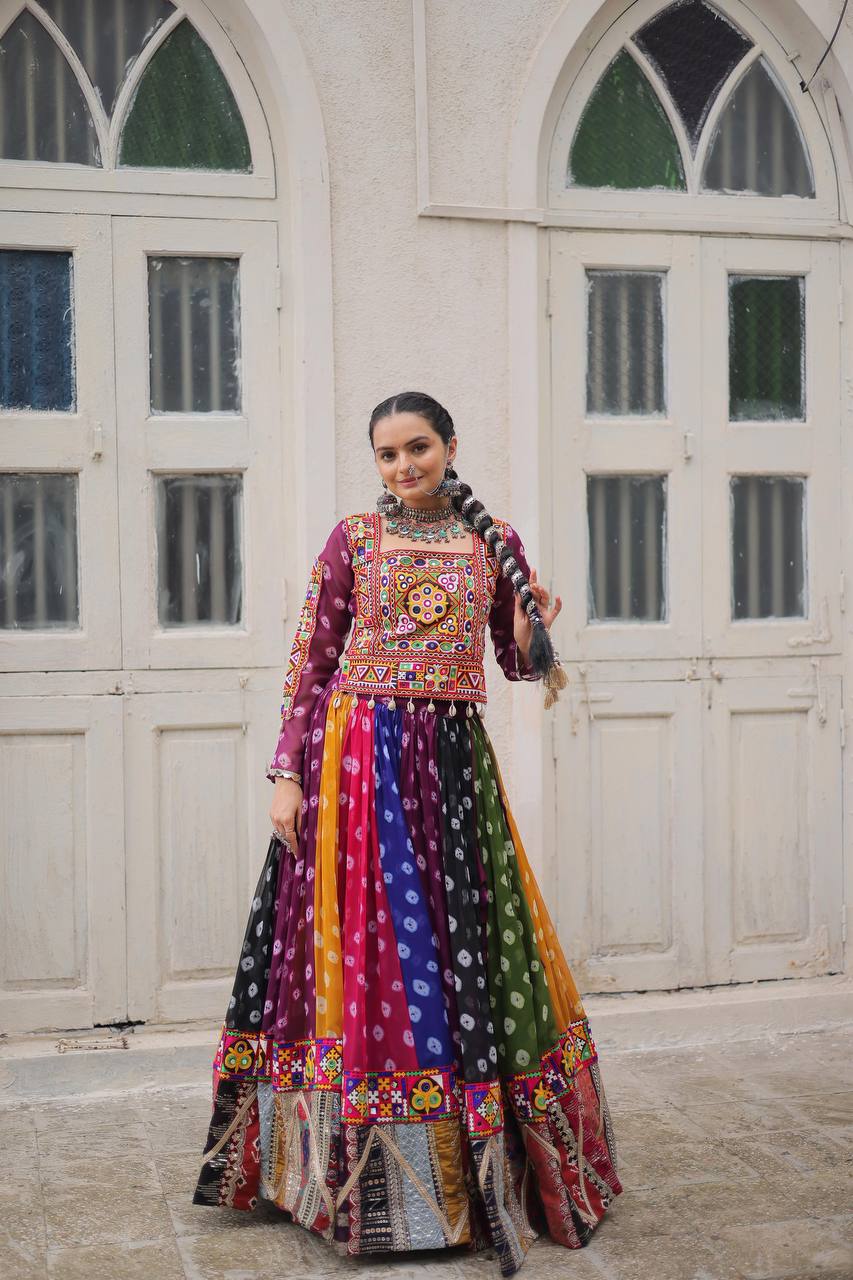 Pretty Multicolor Georgette Gamthi Work Lehenga Choli For Navratri Wear