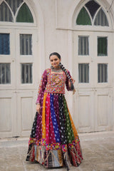 Pretty Multicolor Georgette Gamthi Work Lehenga Choli For Navratri Wear