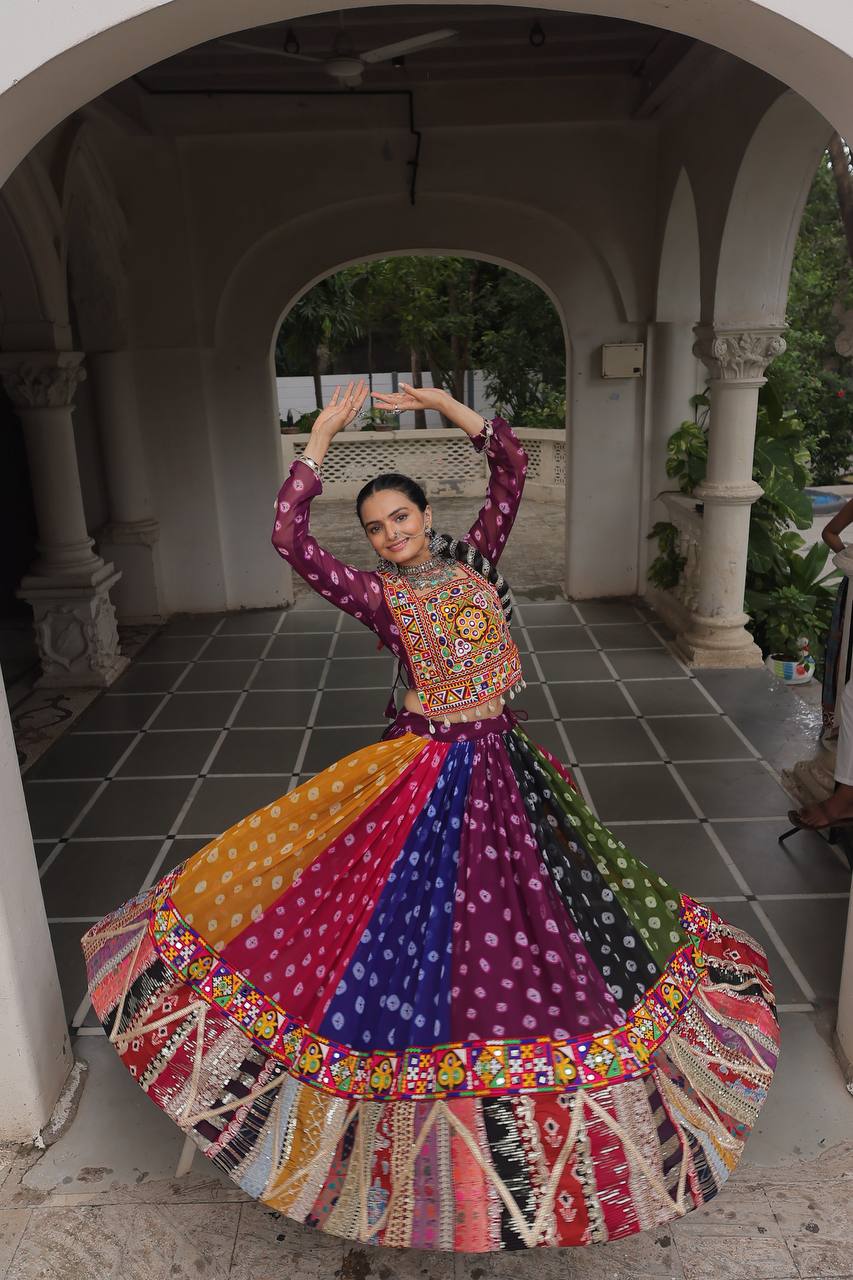 Pretty Multicolor Georgette Gamthi Work Lehenga Choli For Navratri Wear