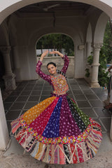 Pretty Multicolor Georgette Gamthi Work Lehenga Choli For Navratri Wear