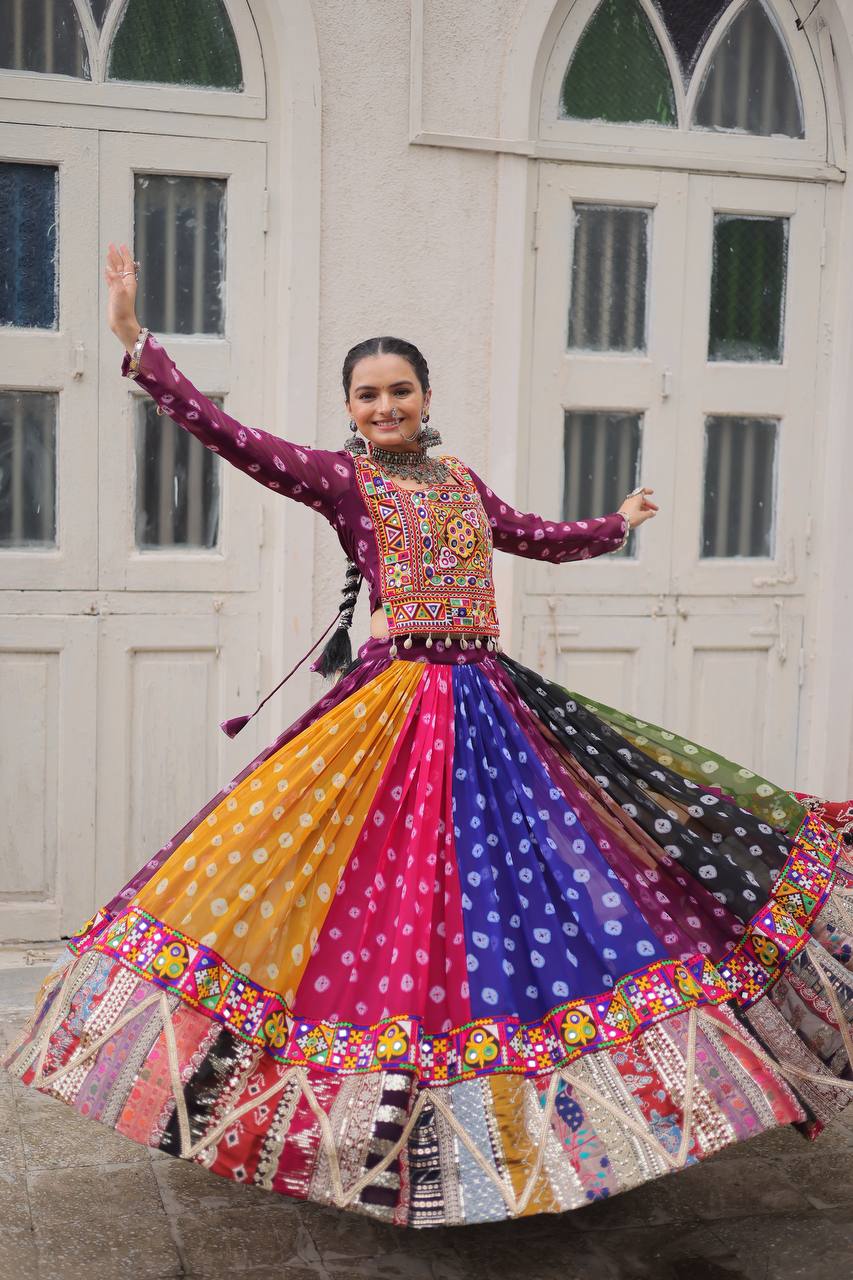 Pretty Multicolor Georgette Gamthi Work Lehenga Choli For Navratri Wear