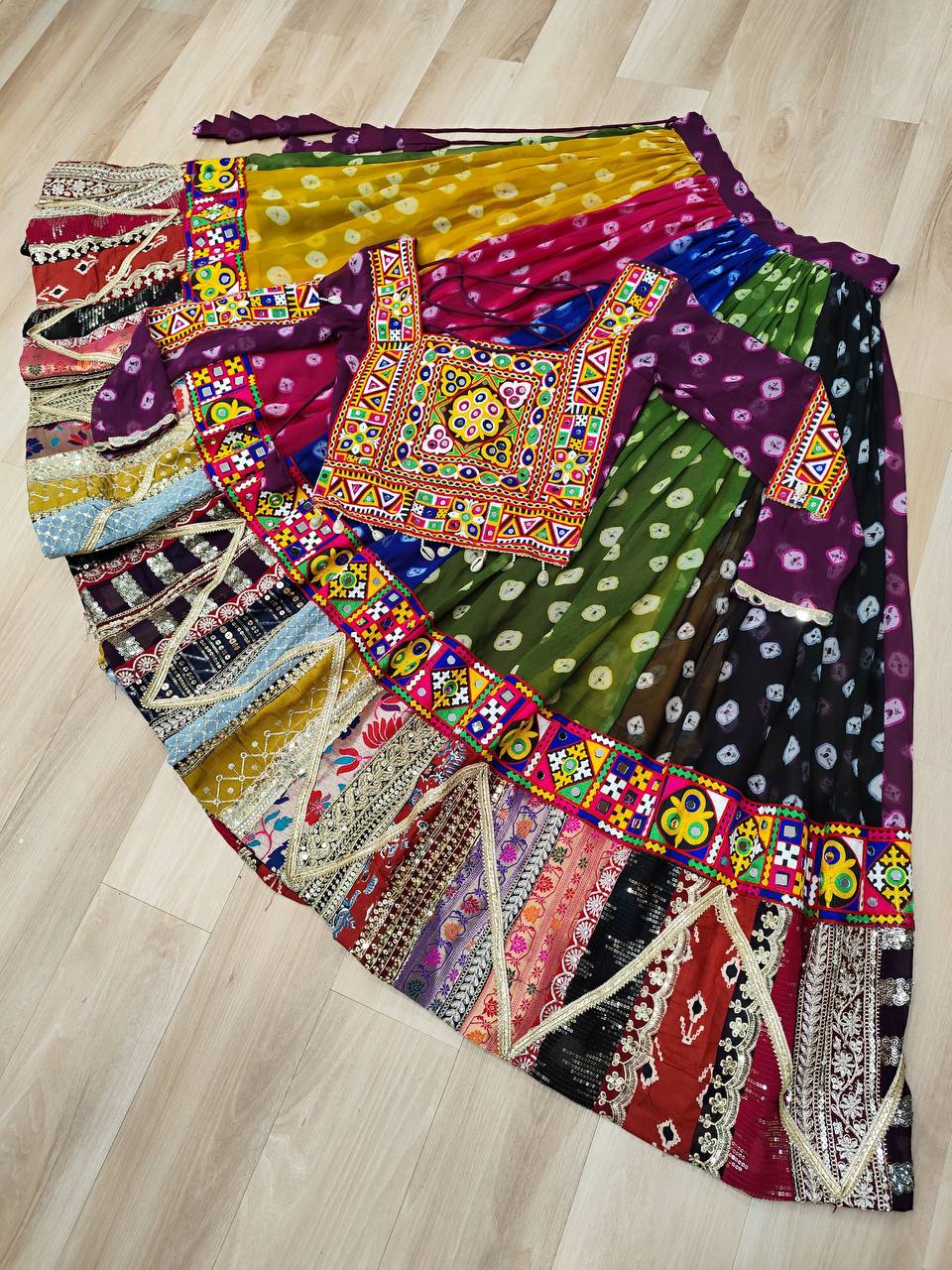 Pretty Multicolor Georgette Gamthi Work Lehenga Choli For Navratri Wear