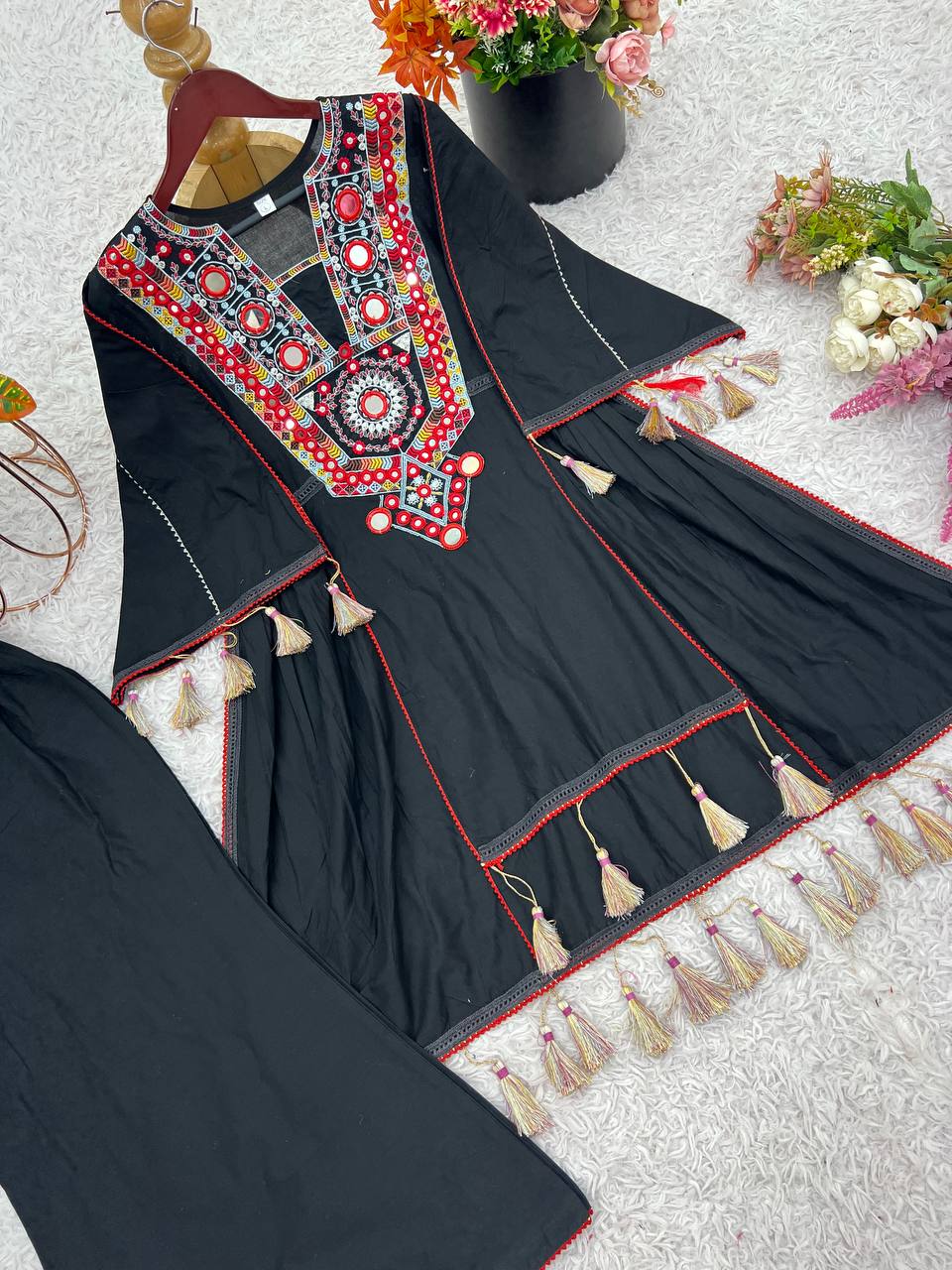 Pretty Black Khadi Cotton Embroidery Work Co-ord Set
