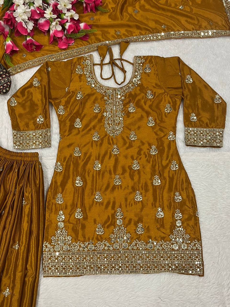 Alluring Orange Chinon Silk Sequence Work Sharara Suit
