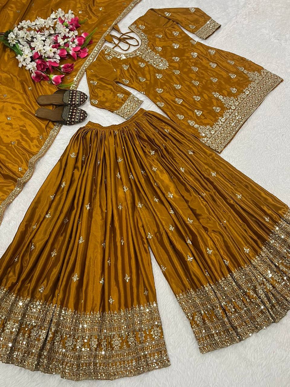 Alluring Orange Chinon Silk Sequence Work Sharara Suit
