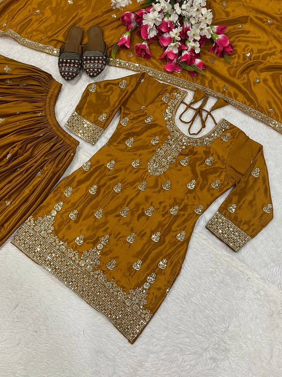 Alluring Orange Chinon Silk Sequence Work Sharara Suit