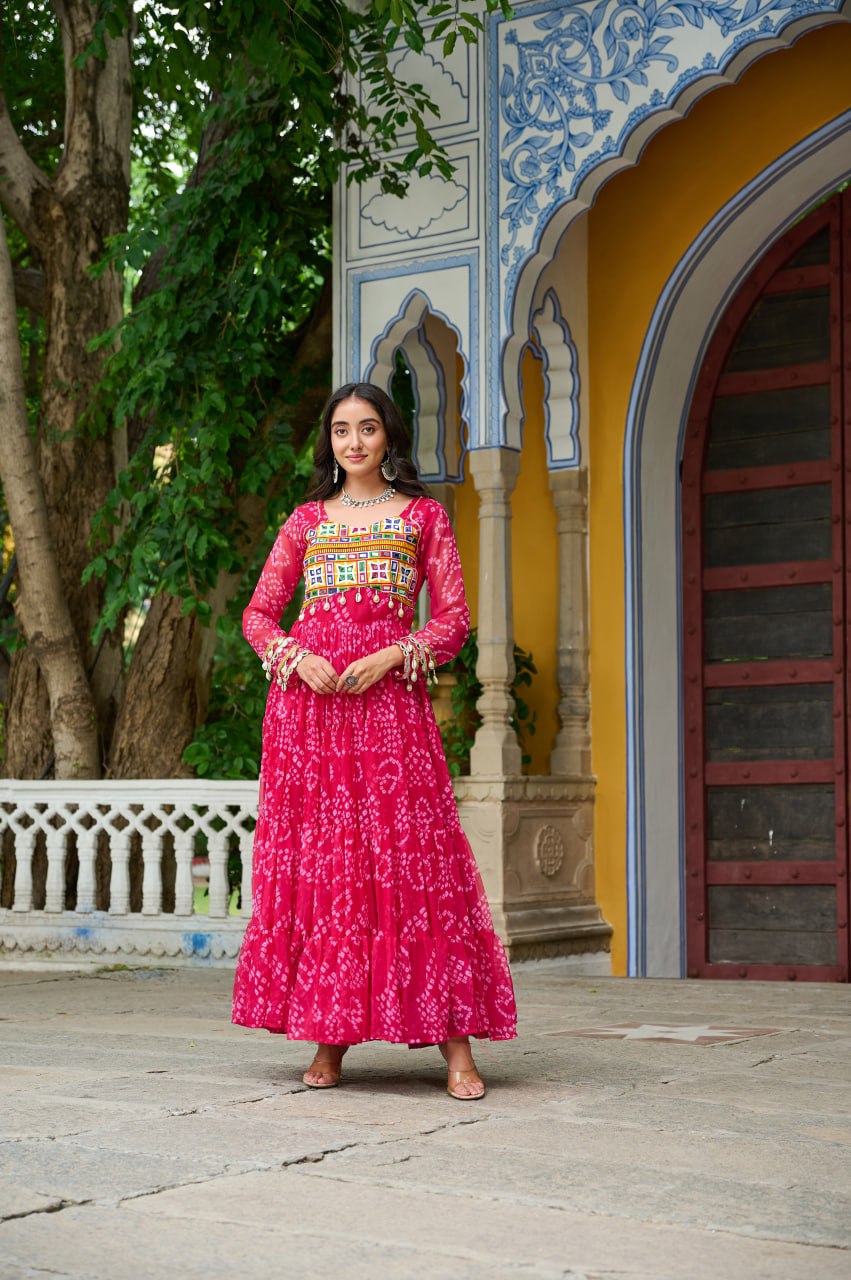 Designer Yellow Georgette Bandhani Work Gown