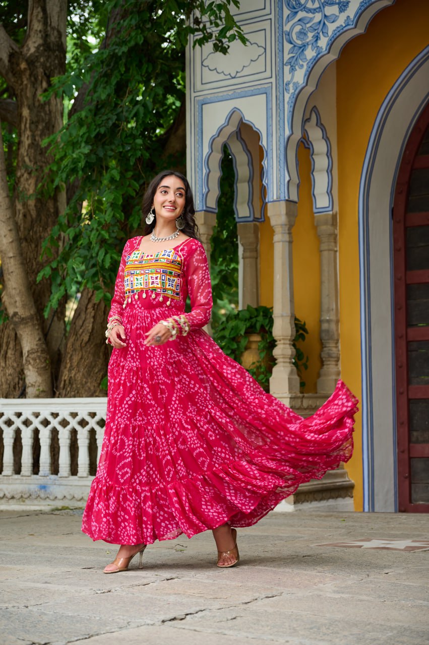 Designer Yellow Georgette Bandhani Work Gown