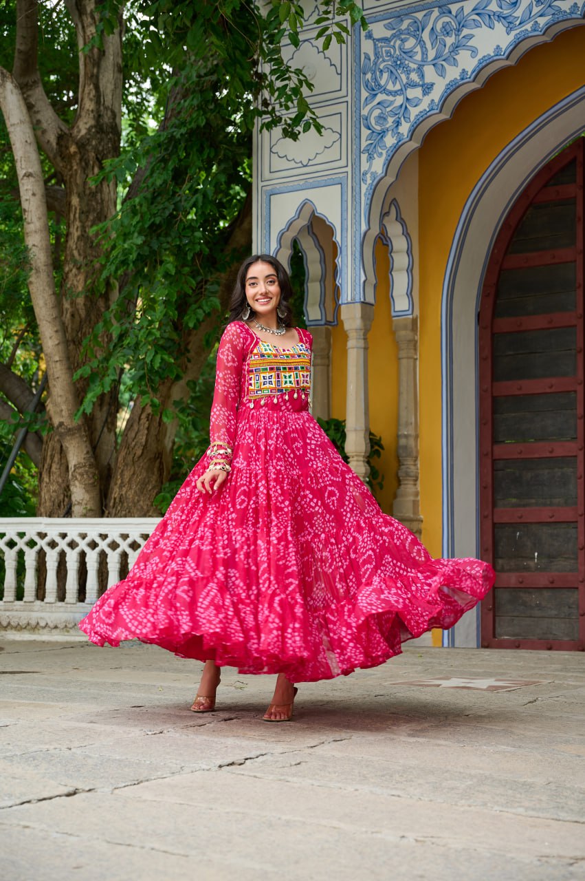 Designer Yellow Georgette Bandhani Work Gown