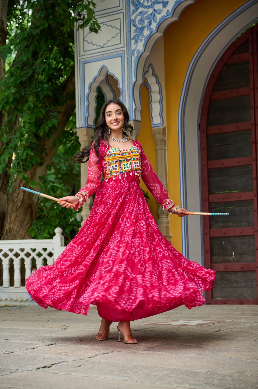 Designer Yellow Georgette Bandhani Work Gown
