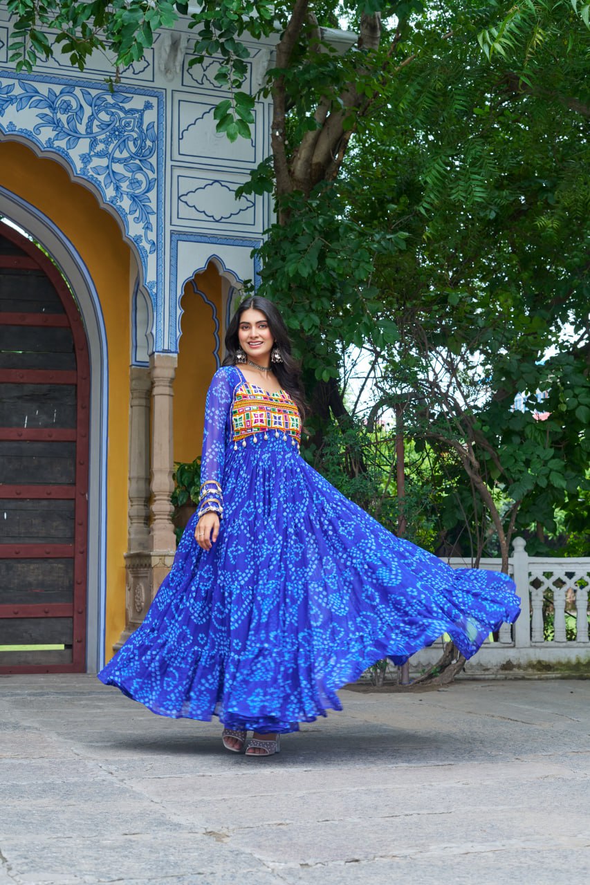 Designer Yellow Georgette Bandhani Work Gown