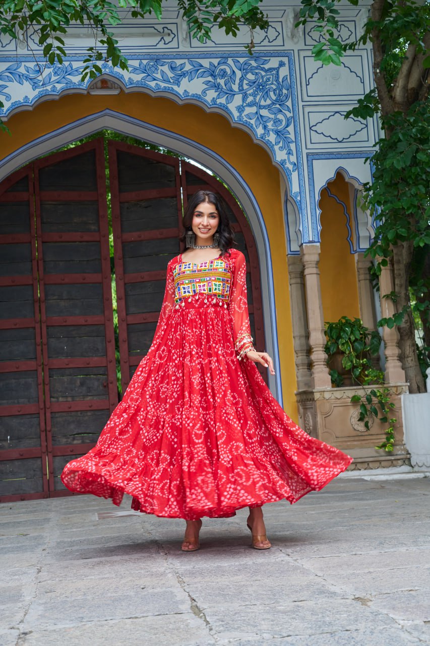 Designer Yellow Georgette Bandhani Work Gown