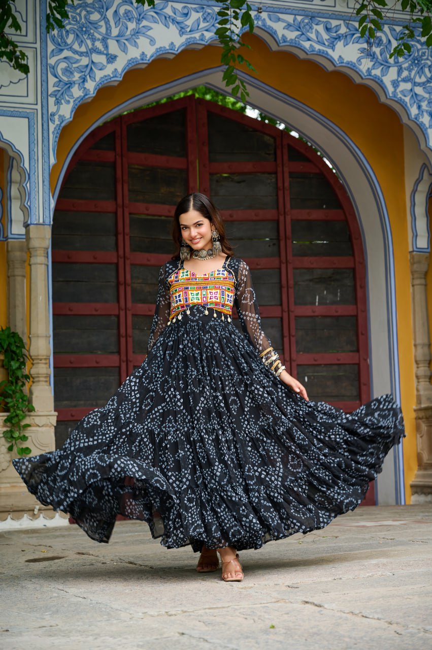 Designer Yellow Georgette Bandhani Work Gown