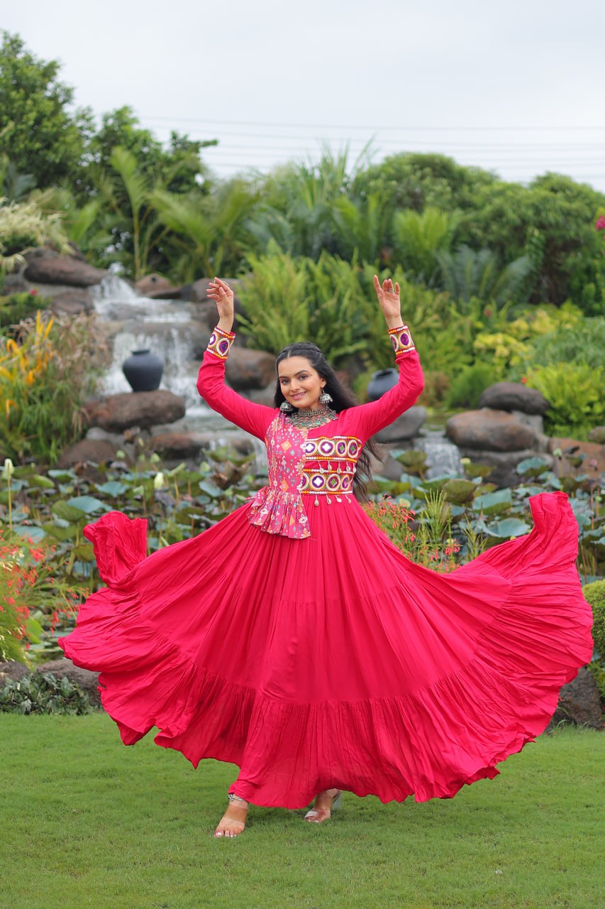 Amazing Pink Rayon Kutchi Work Gown