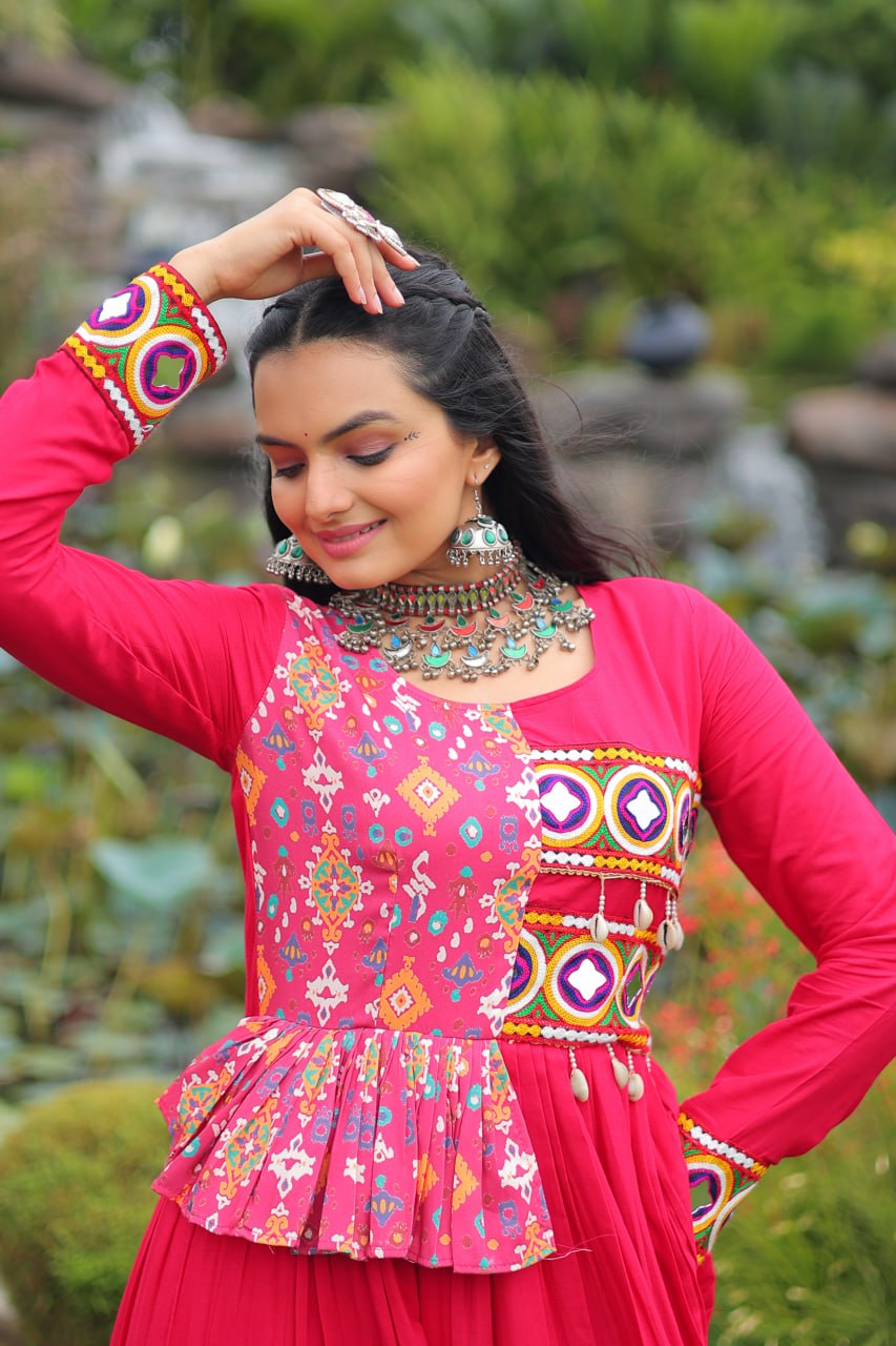 Amazing Pink Rayon Kutchi Work Gown