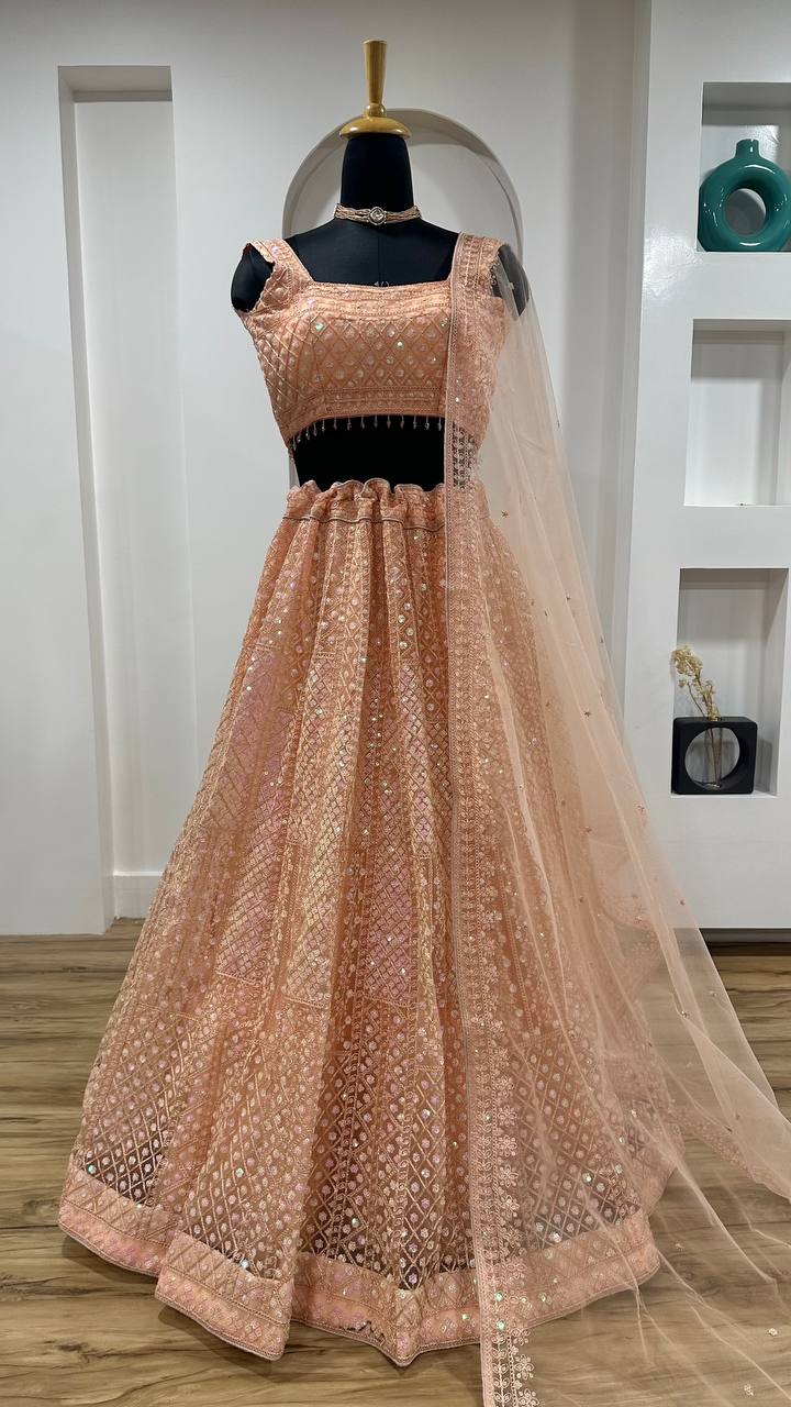 Awesome Peach Net Rainbow Work Lehenga Choli