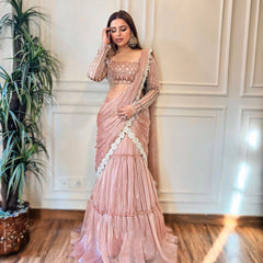 Trendy Pink Organza Thread Work Lehenga Saree