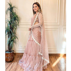 Trendy Pink Organza Thread Work Lehenga Saree