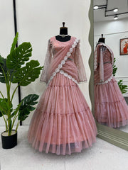 Trendy Pink Organza Thread Work Lehenga Saree