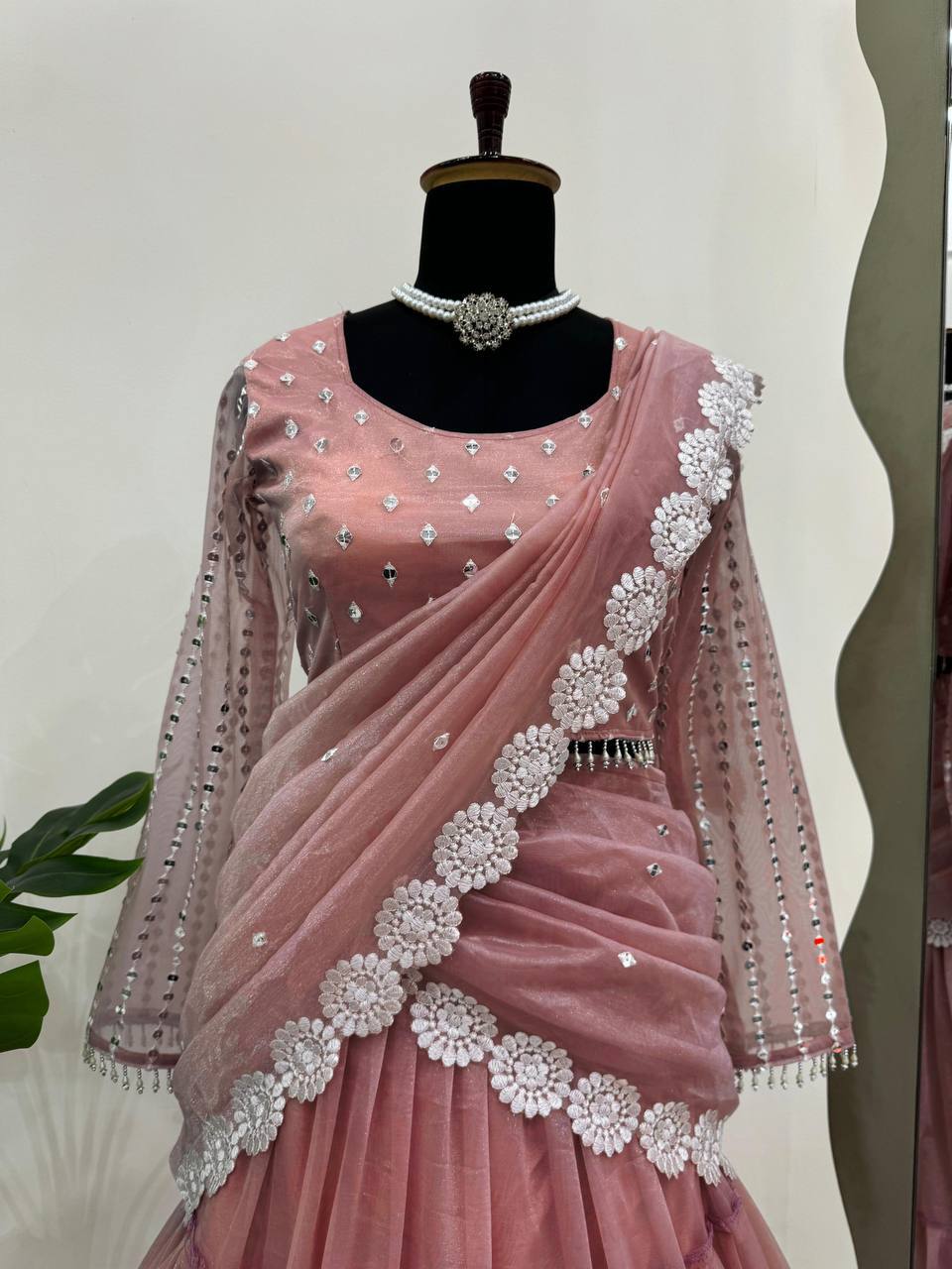 Trendy Pink Organza Thread Work Lehenga Saree