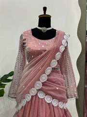 Trendy Pink Organza Thread Work Lehenga Saree