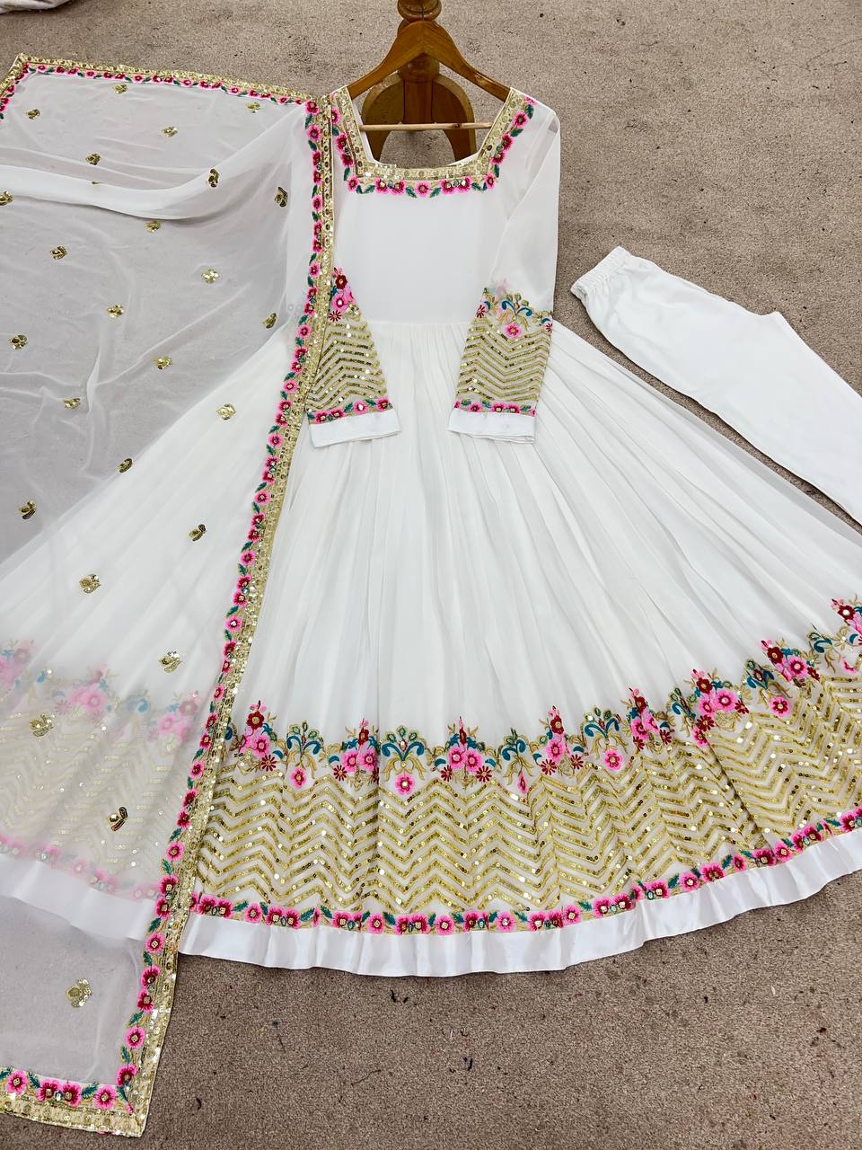 Stylish White Georgette Embroidery Work Gown