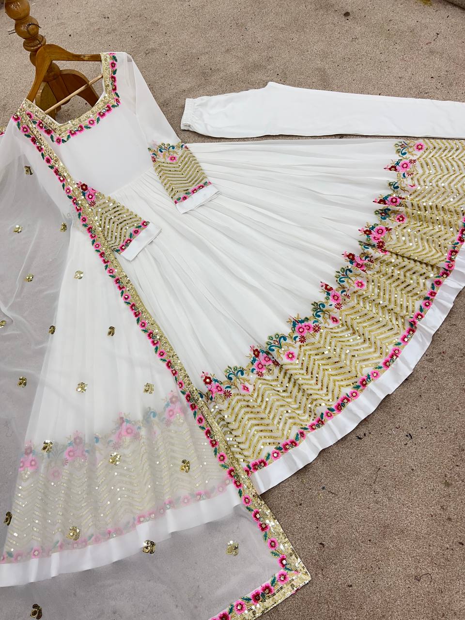 Stylish White Georgette Embroidery Work Gown