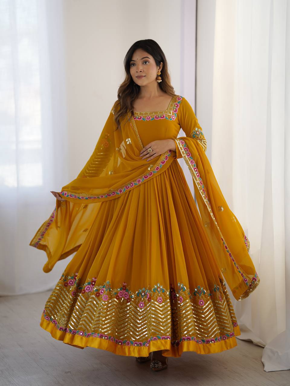 Stylish White Georgette Embroidery Work Gown
