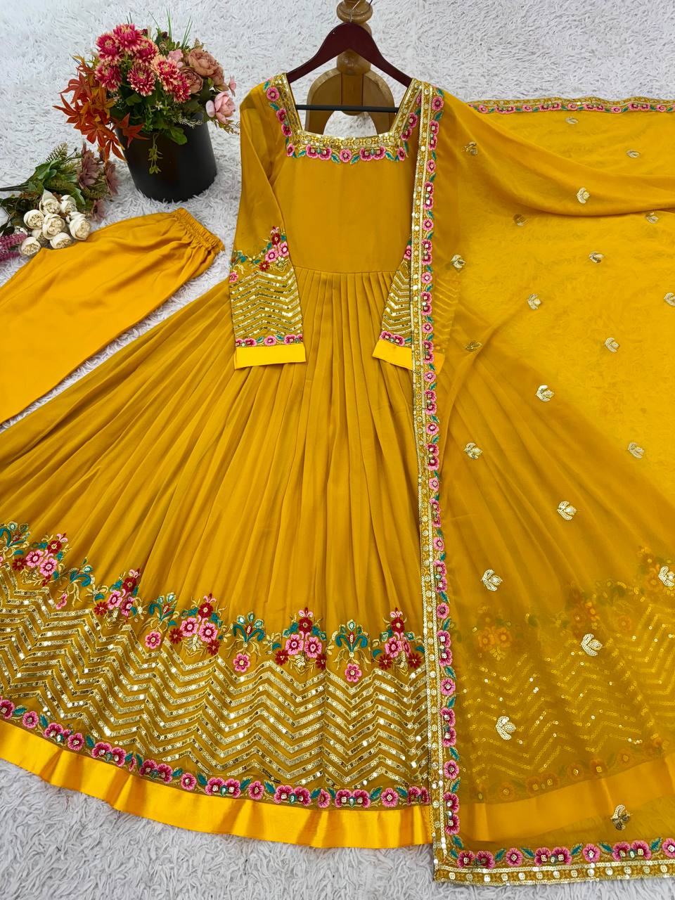 Stylish White Georgette Embroidery Work Gown