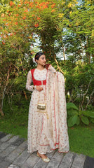 Pretty Red Georgette Print Work koti With Gown