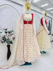 Pretty Red Georgette Print Work koti With Gown