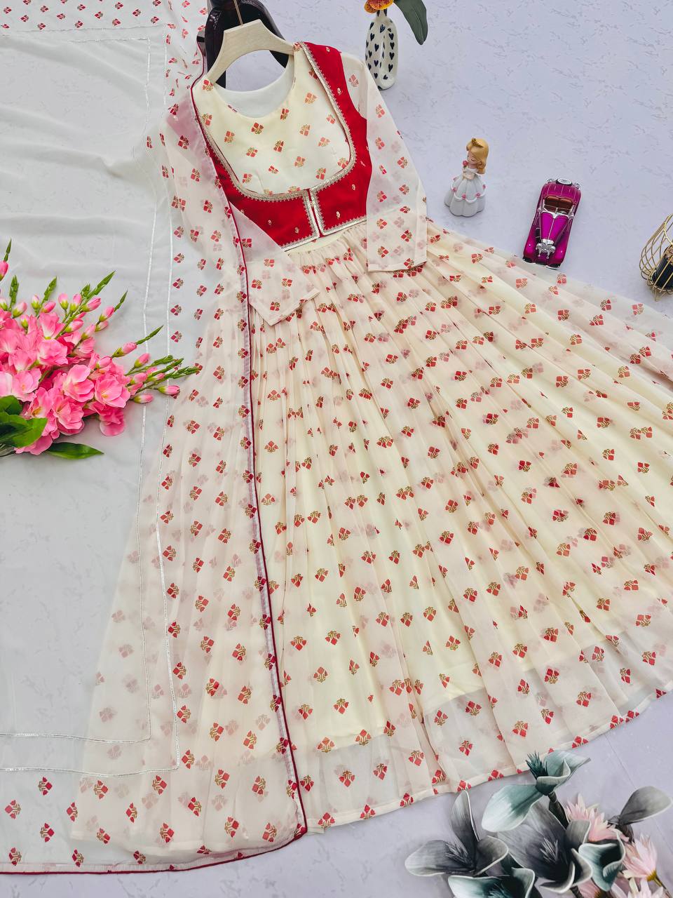 Pretty Red Georgette Print Work koti With Gown