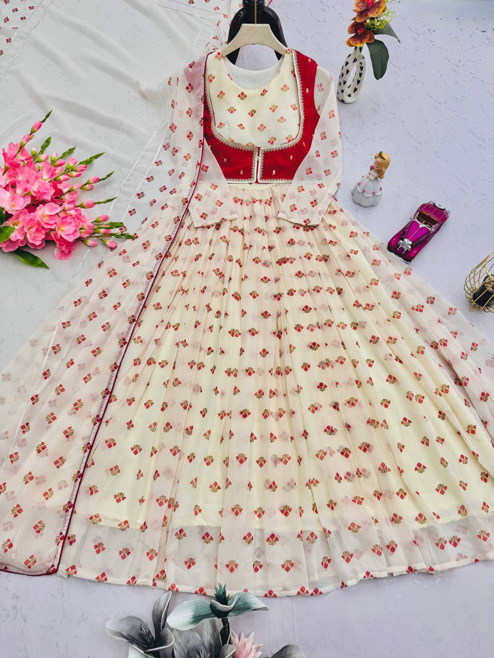 Pretty Red Georgette Print Work koti With Gown