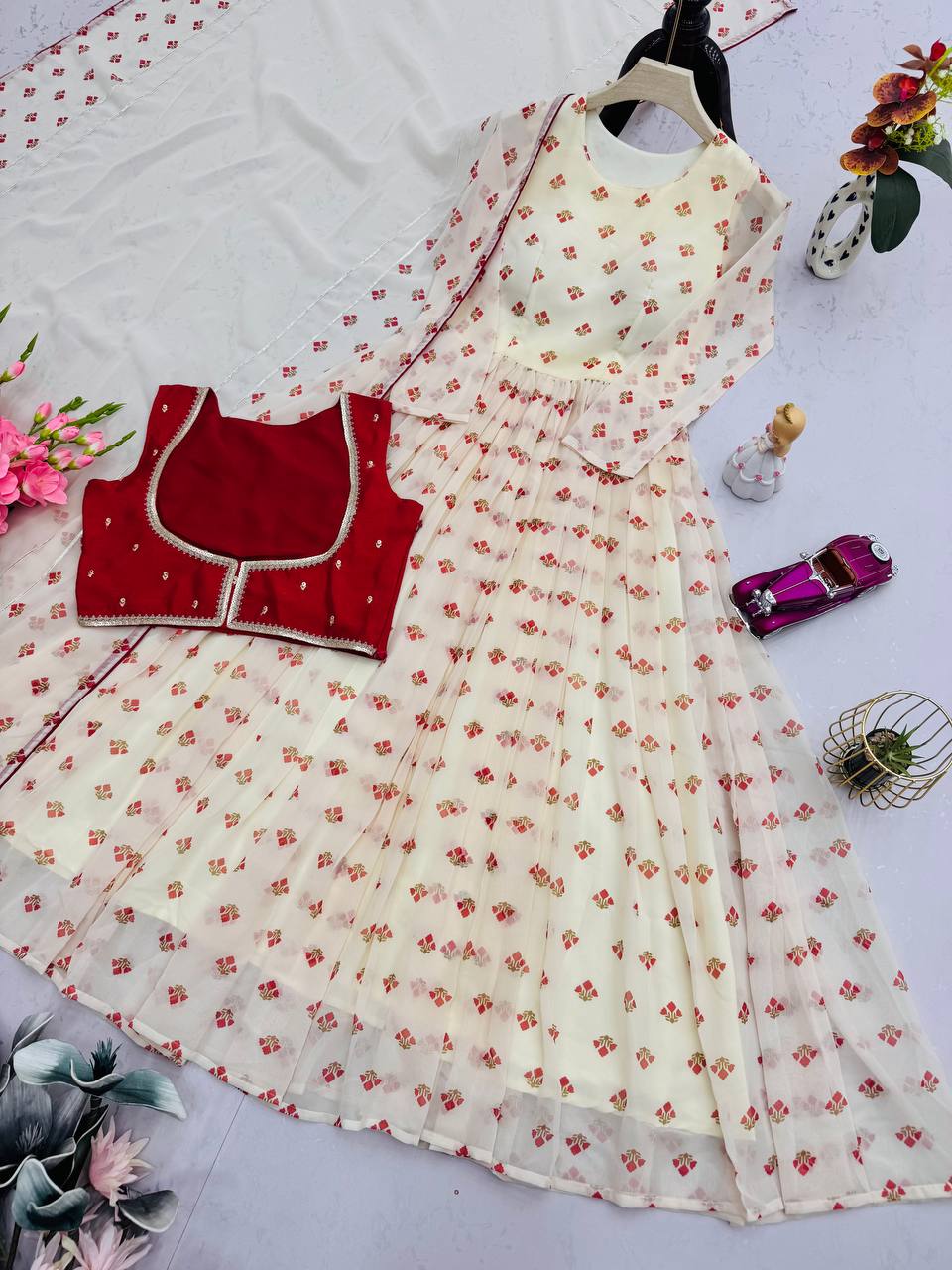 Pretty Red Georgette Print Work koti With Gown