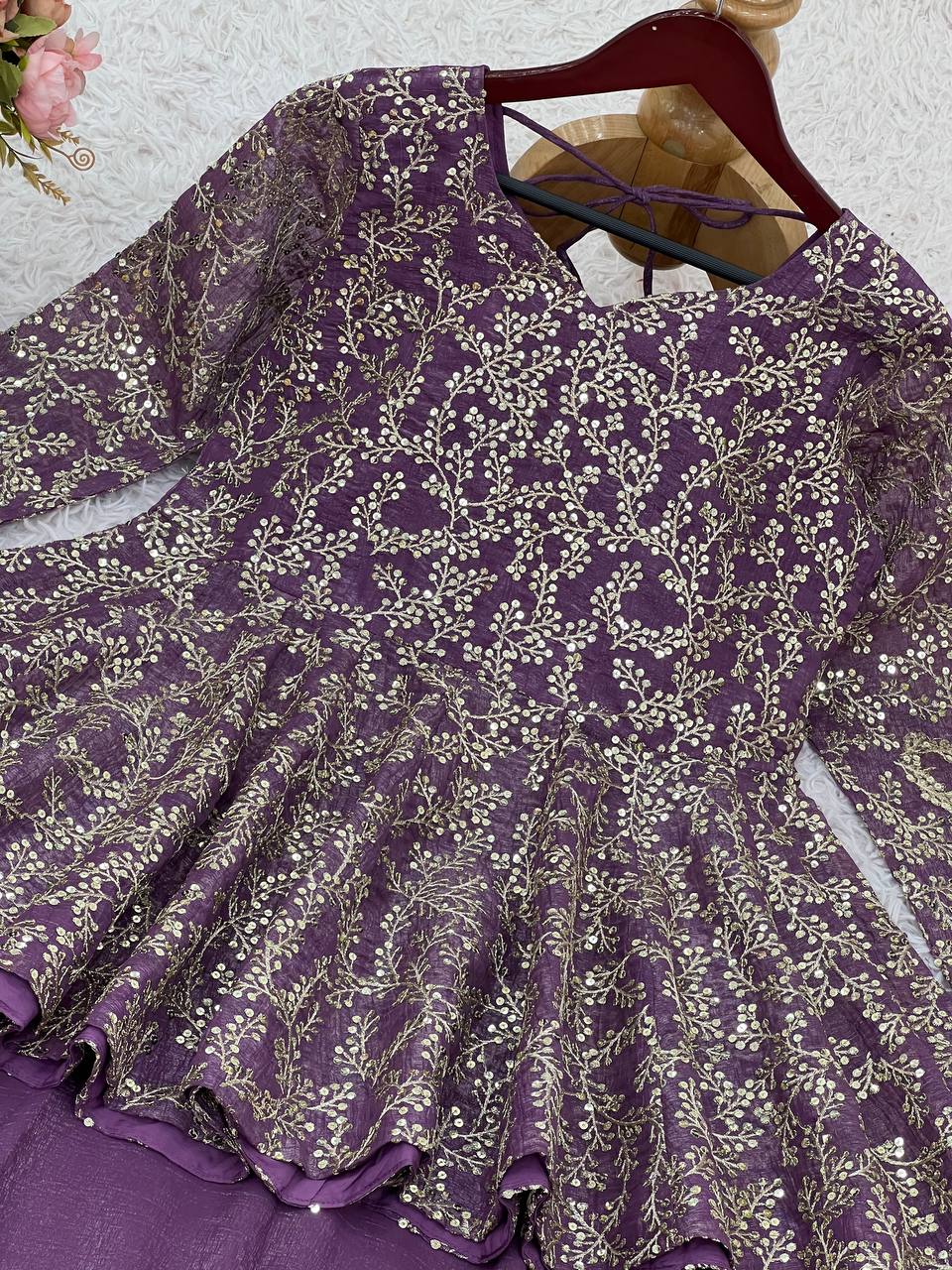 Ravishing Purple Crunchy Silk Embroidery Top With Lehenga