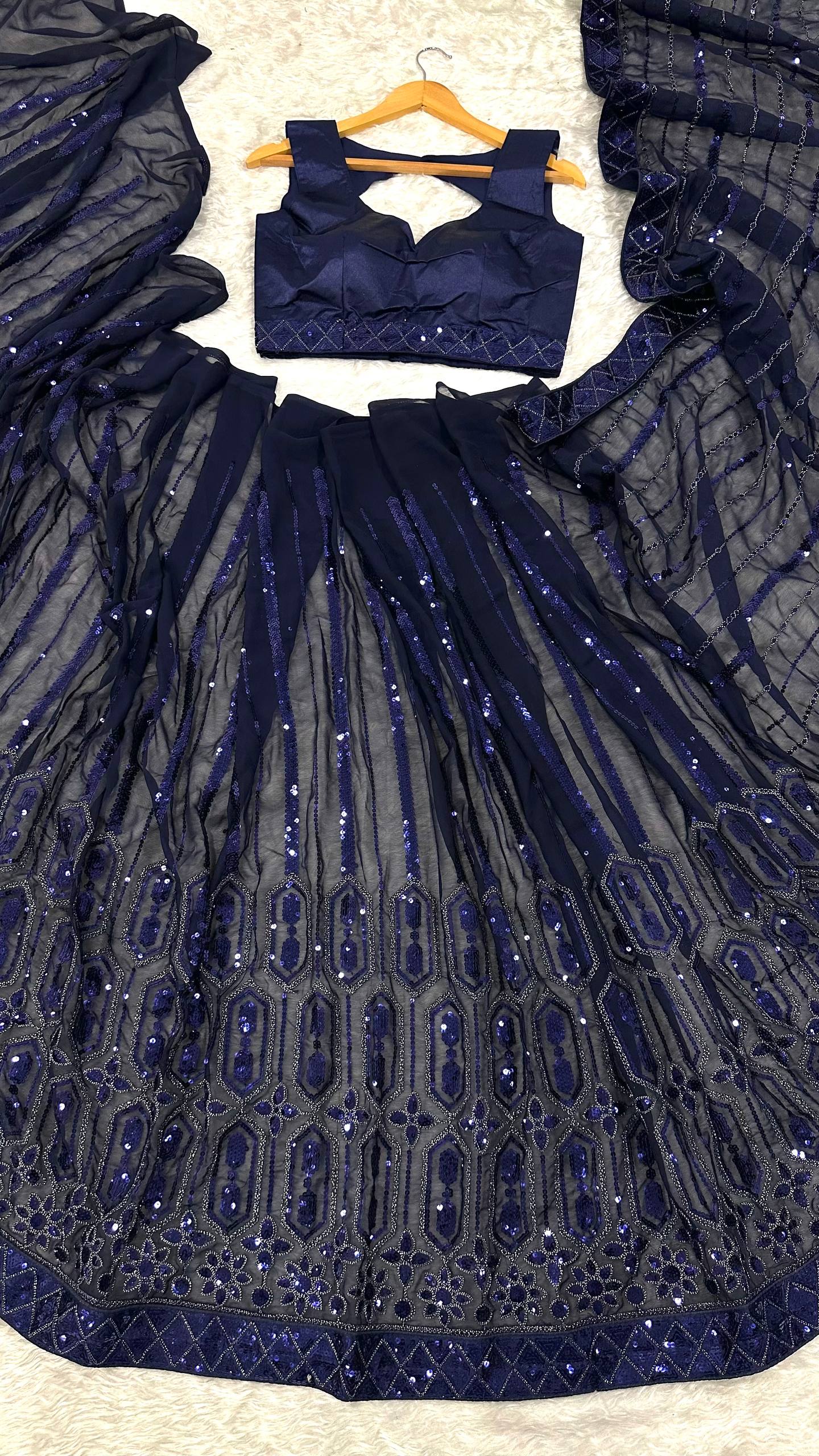 Awesome Navy Blue Georgette Thread Work Saree