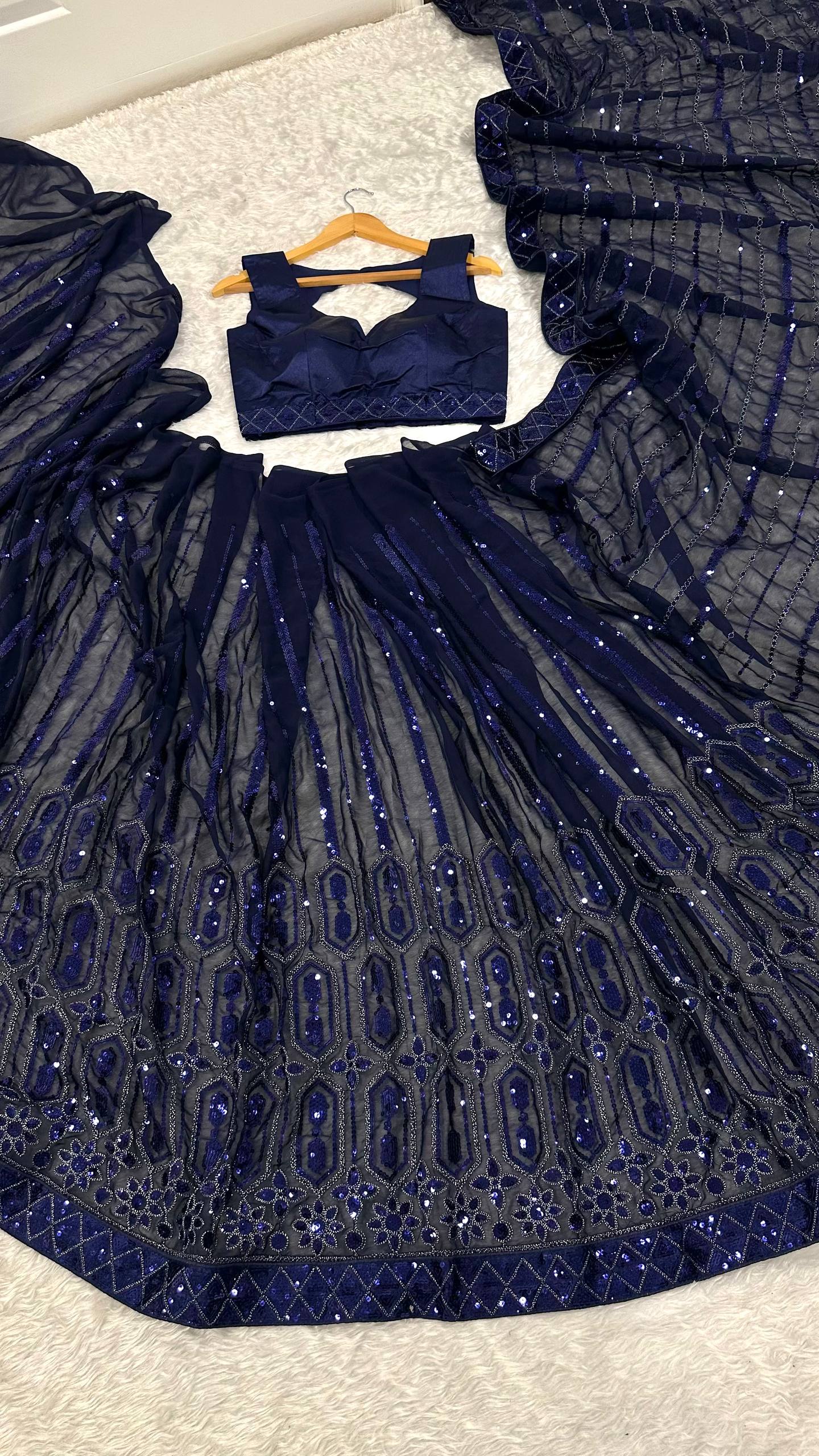 Awesome Navy Blue Georgette Thread Work Saree