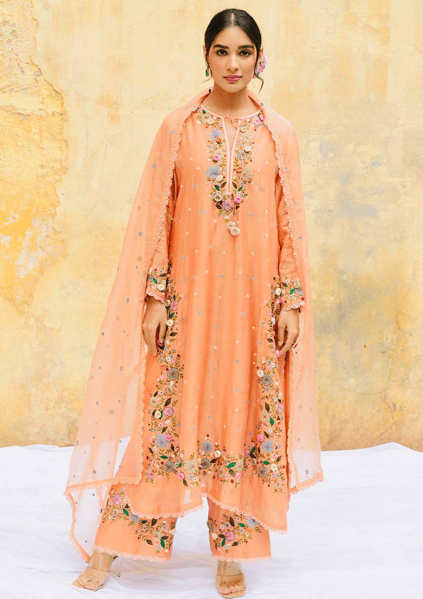 Gorgeous Peach Georgette Sequence Work Palazzo Suit
