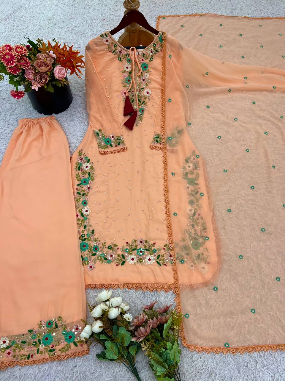 Gorgeous Peach Georgette Sequence Work Palazzo Suit