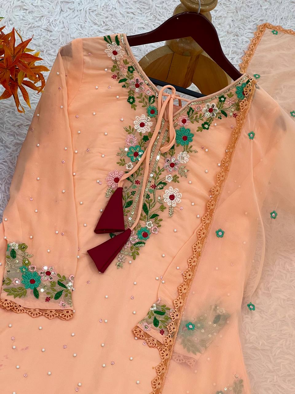 Gorgeous Peach Georgette Sequence Work Palazzo Suit