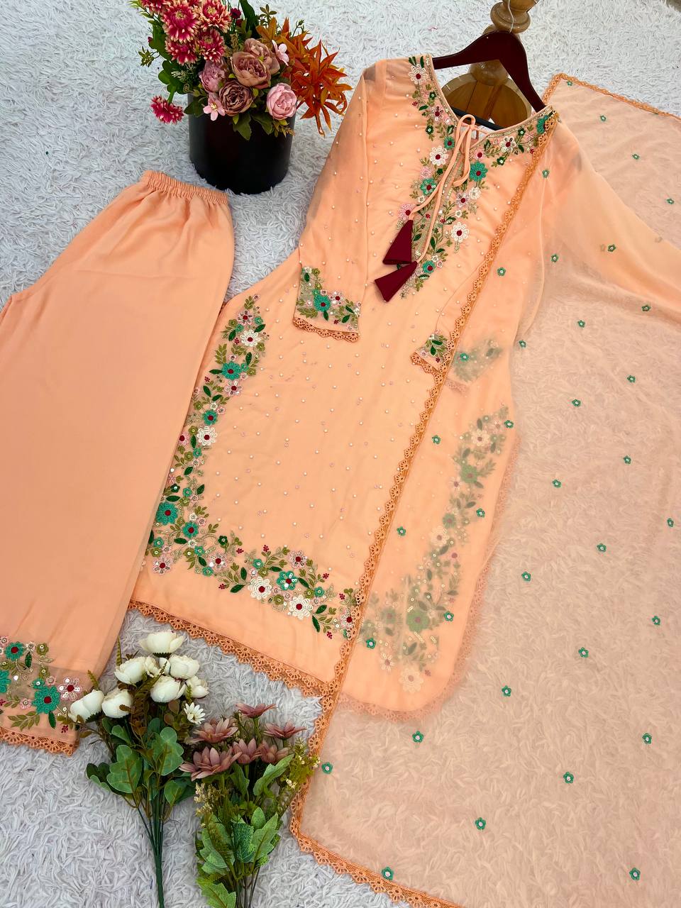 Gorgeous Peach Georgette Sequence Work Palazzo Suit