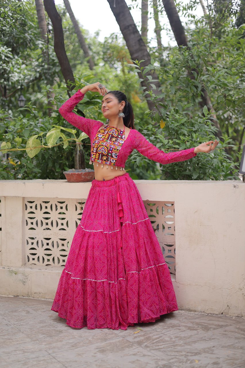 Awesome Pink Georgette Embroidered Lehenga Choli For Garba