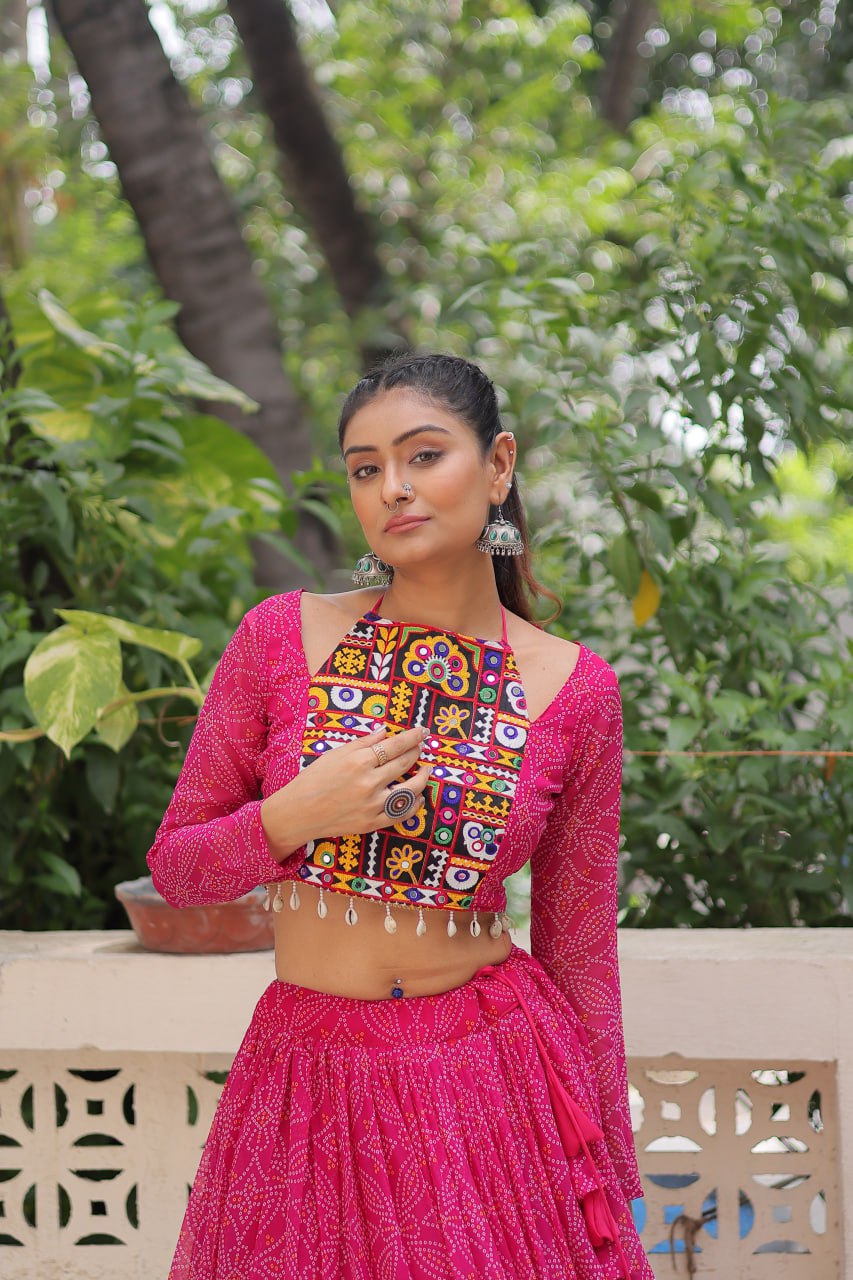 Awesome Pink Georgette Embroidered Lehenga Choli For Garba