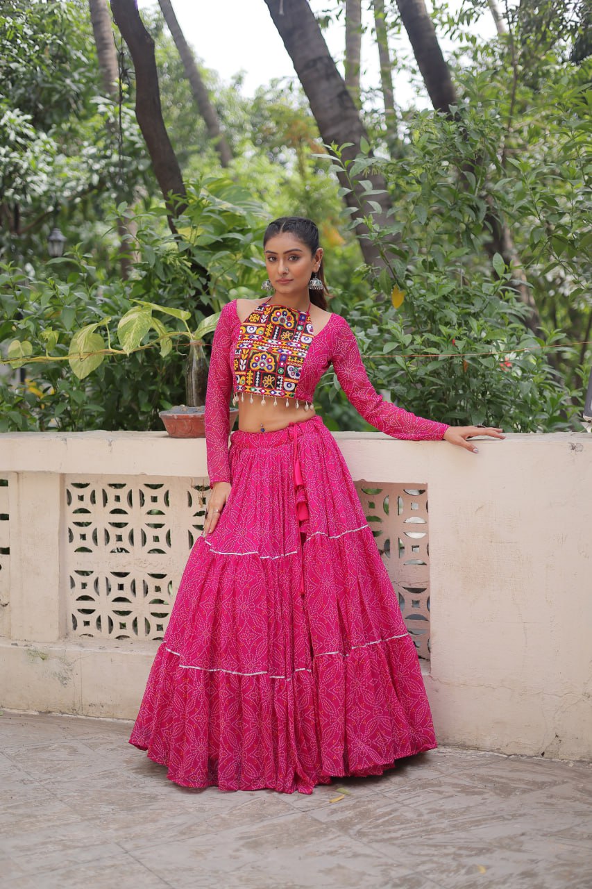 Awesome Pink Georgette Embroidered Lehenga Choli For Garba