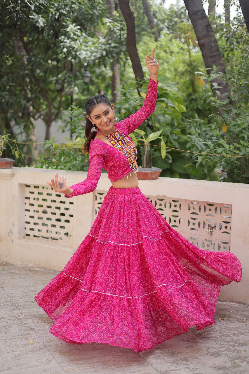 Awesome Pink Georgette Embroidered Lehenga Choli For Garba
