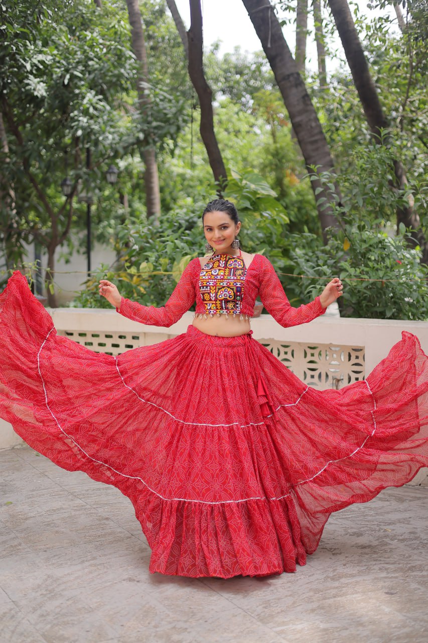 Awesome Pink Georgette Embroidered Lehenga Choli For Garba