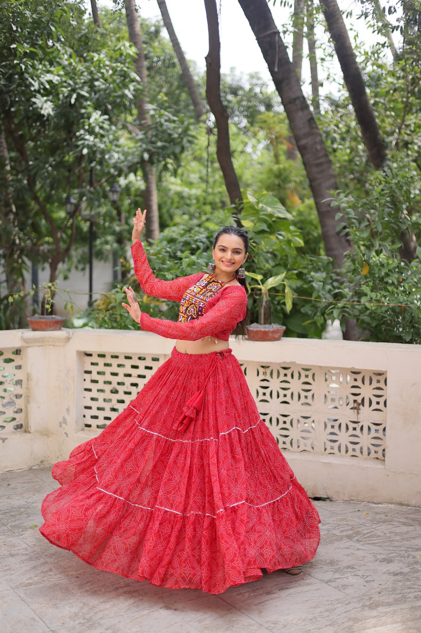 Awesome Pink Georgette Embroidered Lehenga Choli For Garba