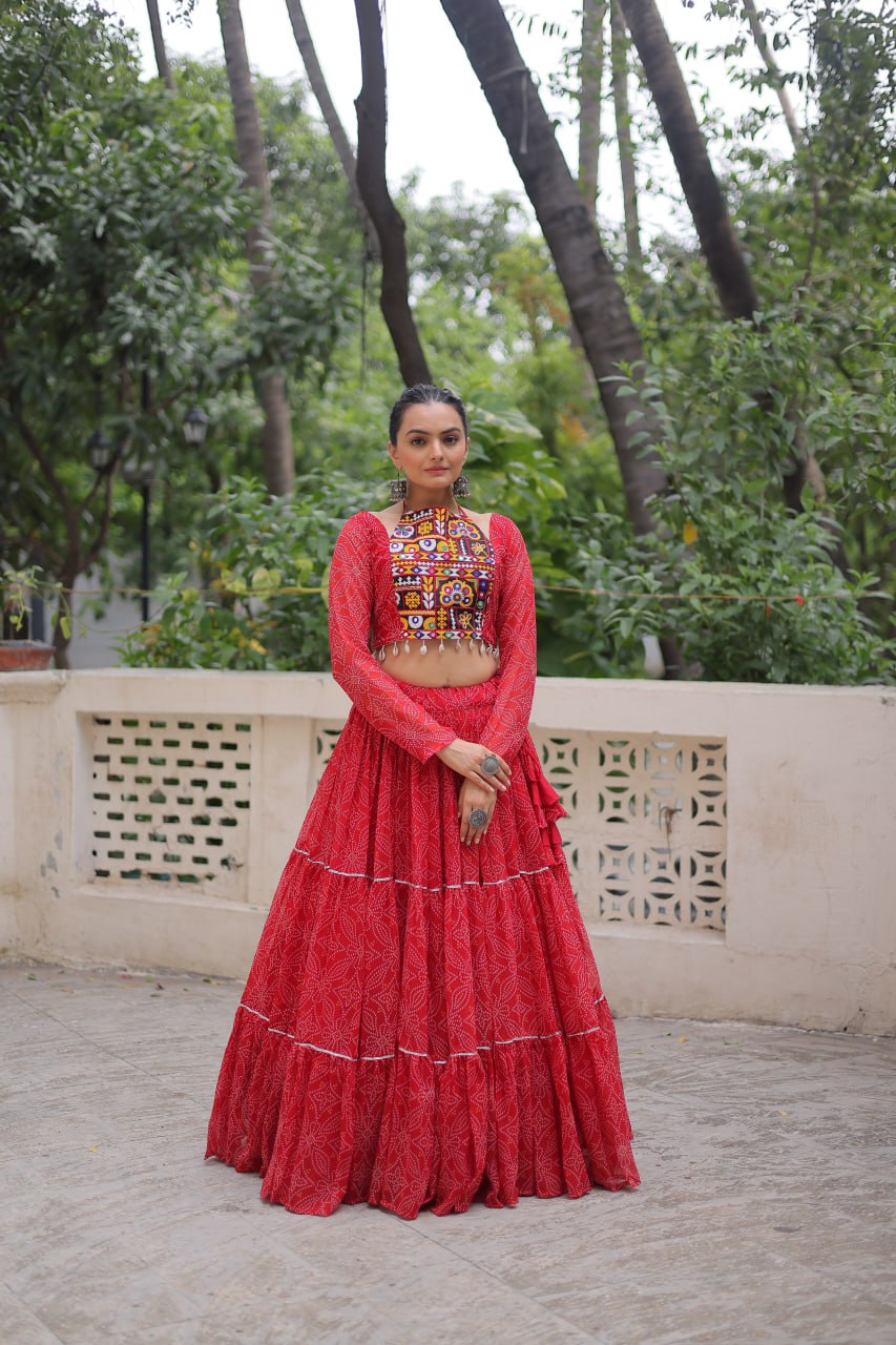 Awesome Pink Georgette Embroidered Lehenga Choli For Garba